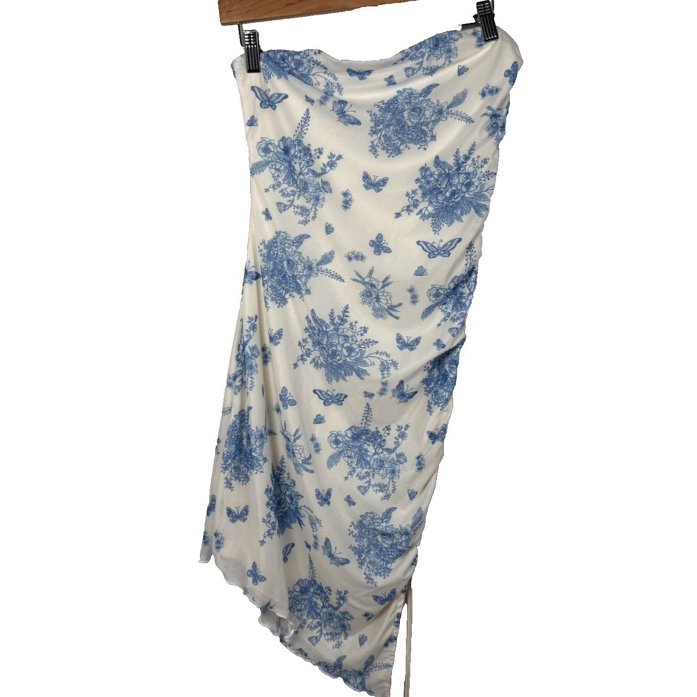 Blue White Floral Toile Mesh Tube Dress Wedding Guest Spring Garden Party Medium